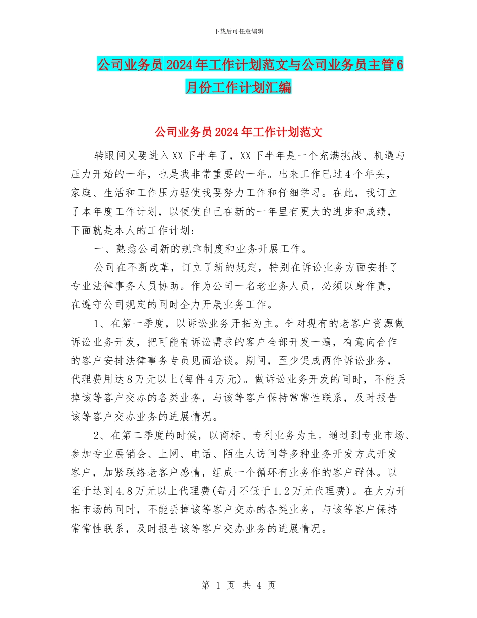 公司业务员2024年工作计划范文与公司业务员主管6月份工作计划汇编_第1页