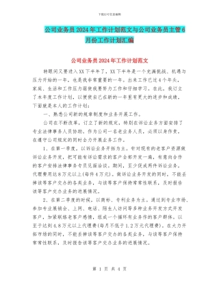 公司业务员2024年工作计划范文与公司业务员主管6月份工作计划汇编