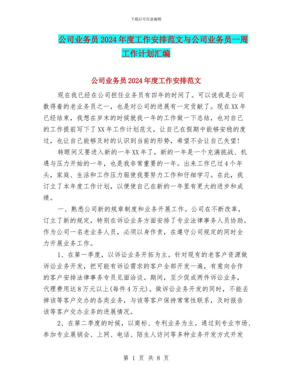 公司业务员2024年度工作安排范文与公司业务员一周工作计划汇编_第1页