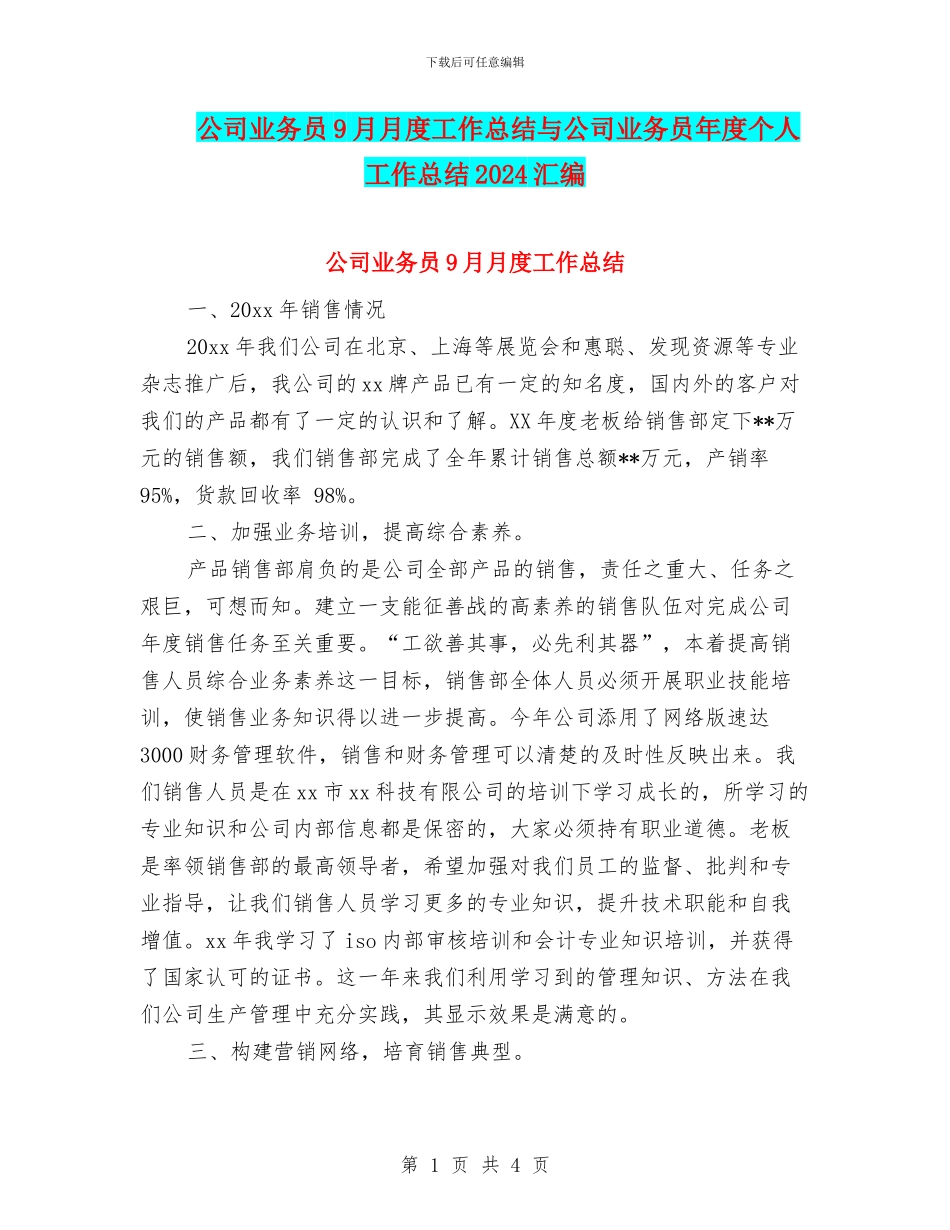 公司业务员9月月度工作总结与公司业务员年度个人工作总结2024汇编_第1页