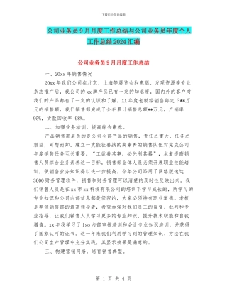 公司业务员9月月度工作总结与公司业务员年度个人工作总结2024汇编