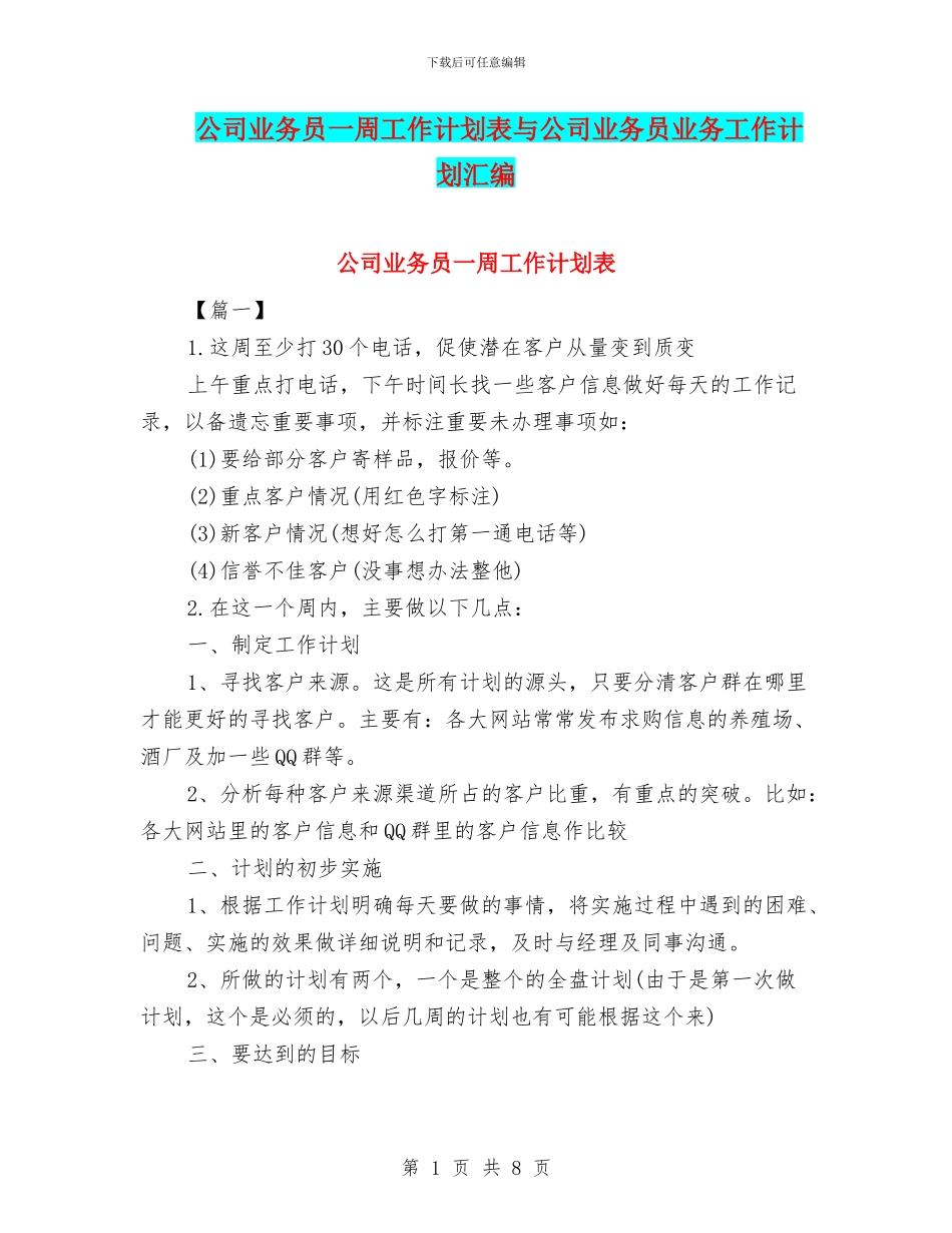 公司业务员一周工作计划表与公司业务员业务工作计划汇编_第1页