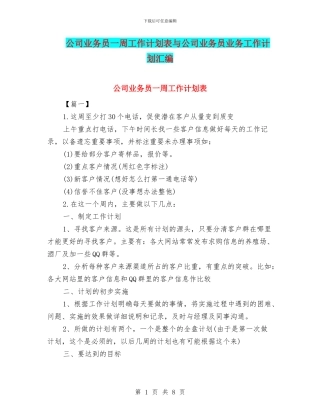 公司业务员一周工作计划表与公司业务员业务工作计划汇编