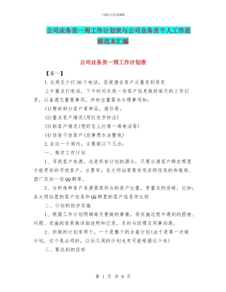 公司业务员一周工作计划表与公司业务员个人工作思路范本汇编