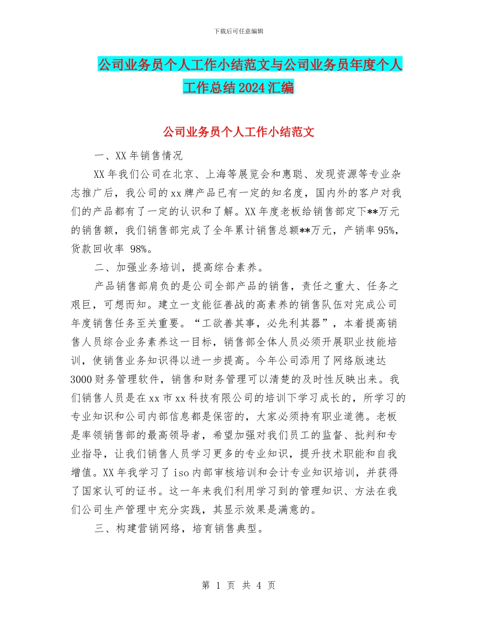 公司业务员个人工作小结范文与公司业务员年度个人工作总结2024汇编_第1页