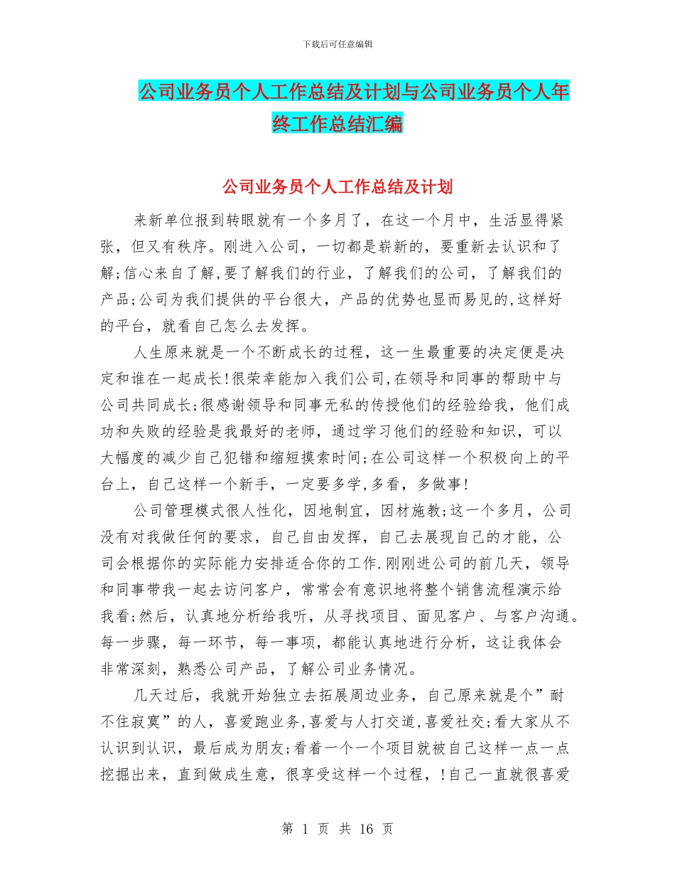 公司业务员个人工作总结及计划与公司业务员个人年终工作总结汇编_第1页