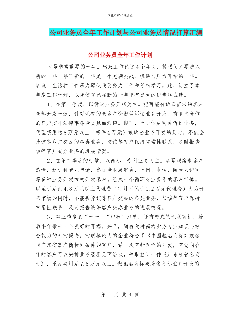 公司业务员全年工作计划与公司业务员情况打算汇编_第1页