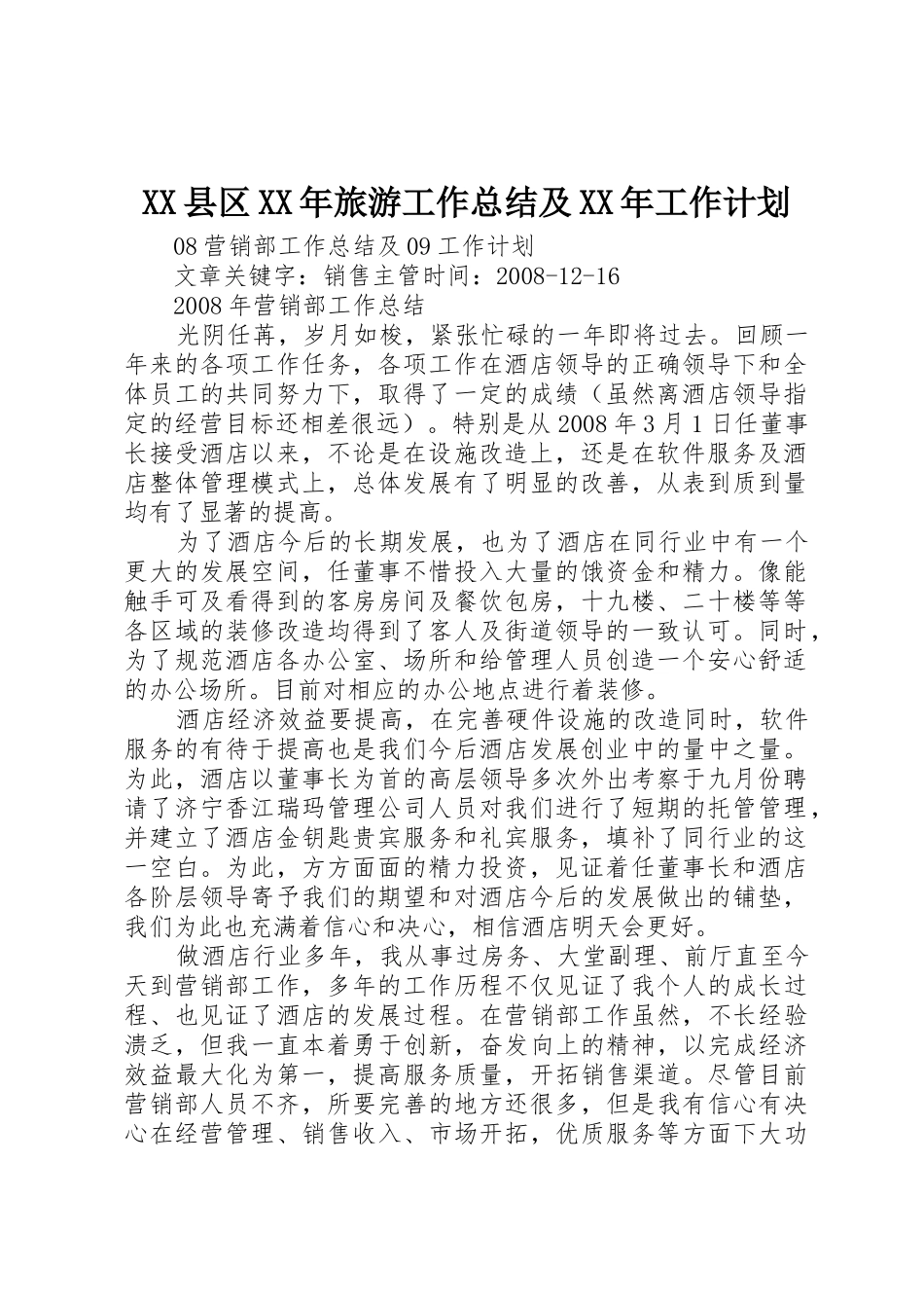 XX县区XX年旅游工作总结及XX年工作计划_第1页