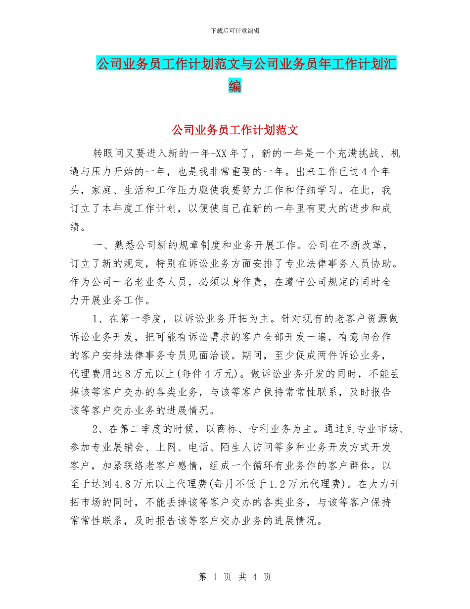 公司业务员工作计划范文与公司业务员年工作计划汇编_第1页