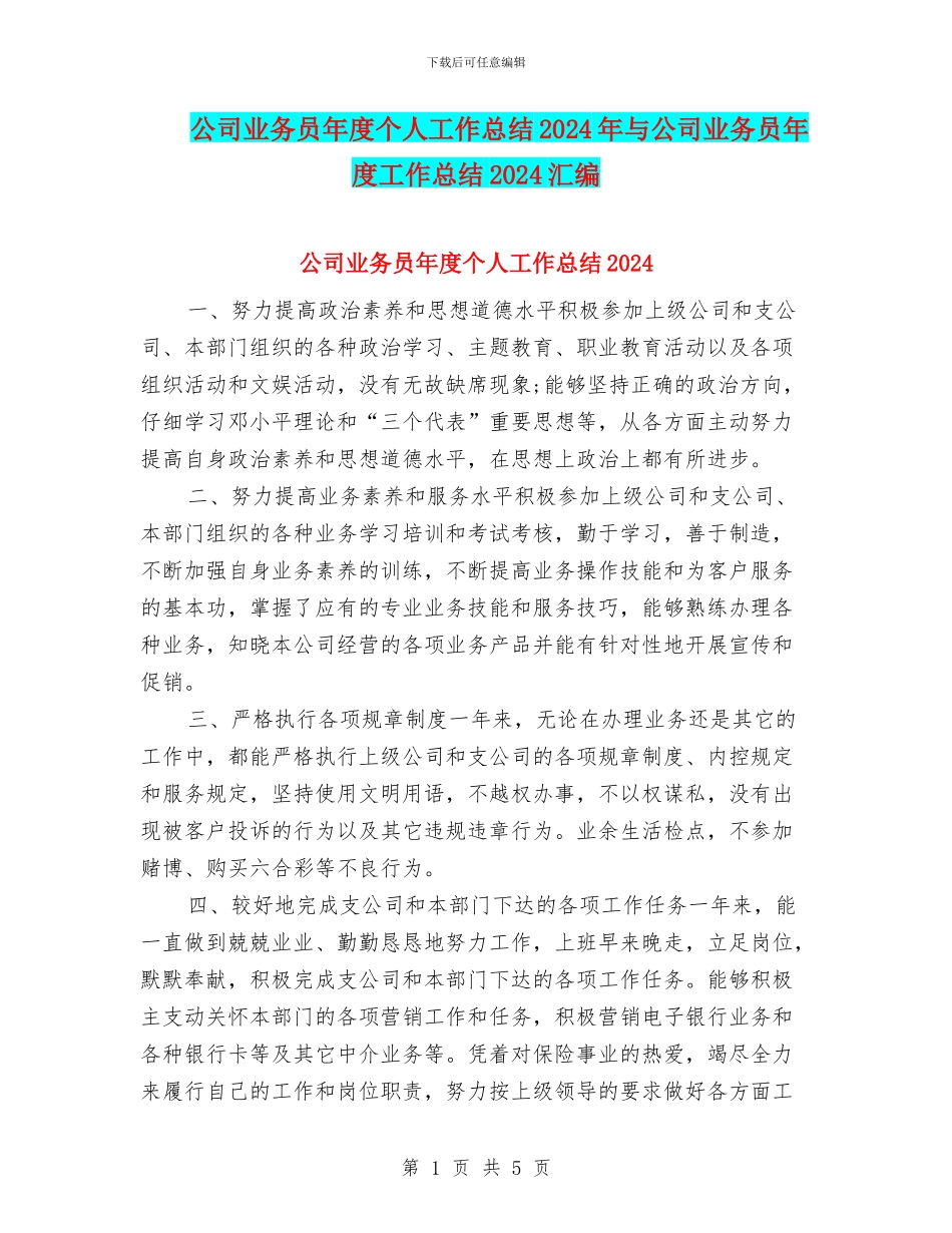 公司业务员年度个人工作总结2024年与公司业务员年度工作总结2024汇编_第1页