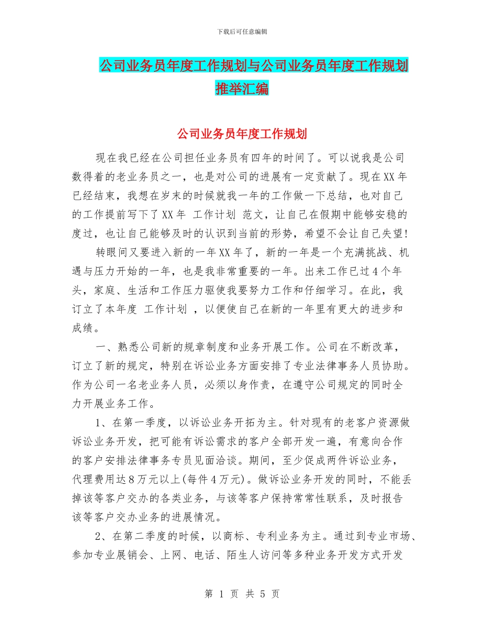 公司业务员年度工作规划与公司业务员年度工作规划推荐汇编_第1页