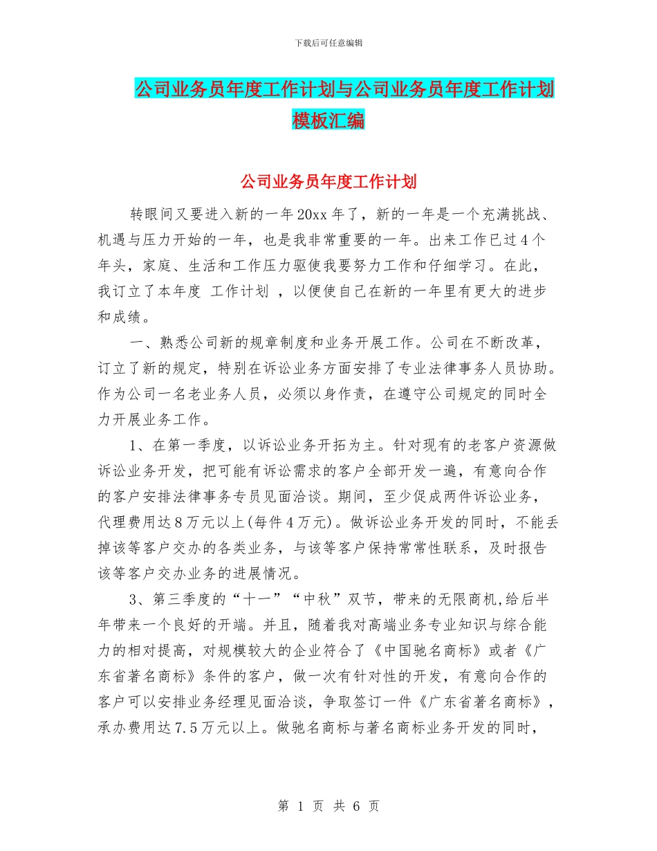 公司业务员年度工作计划与公司业务员年度工作计划模板汇编_第1页