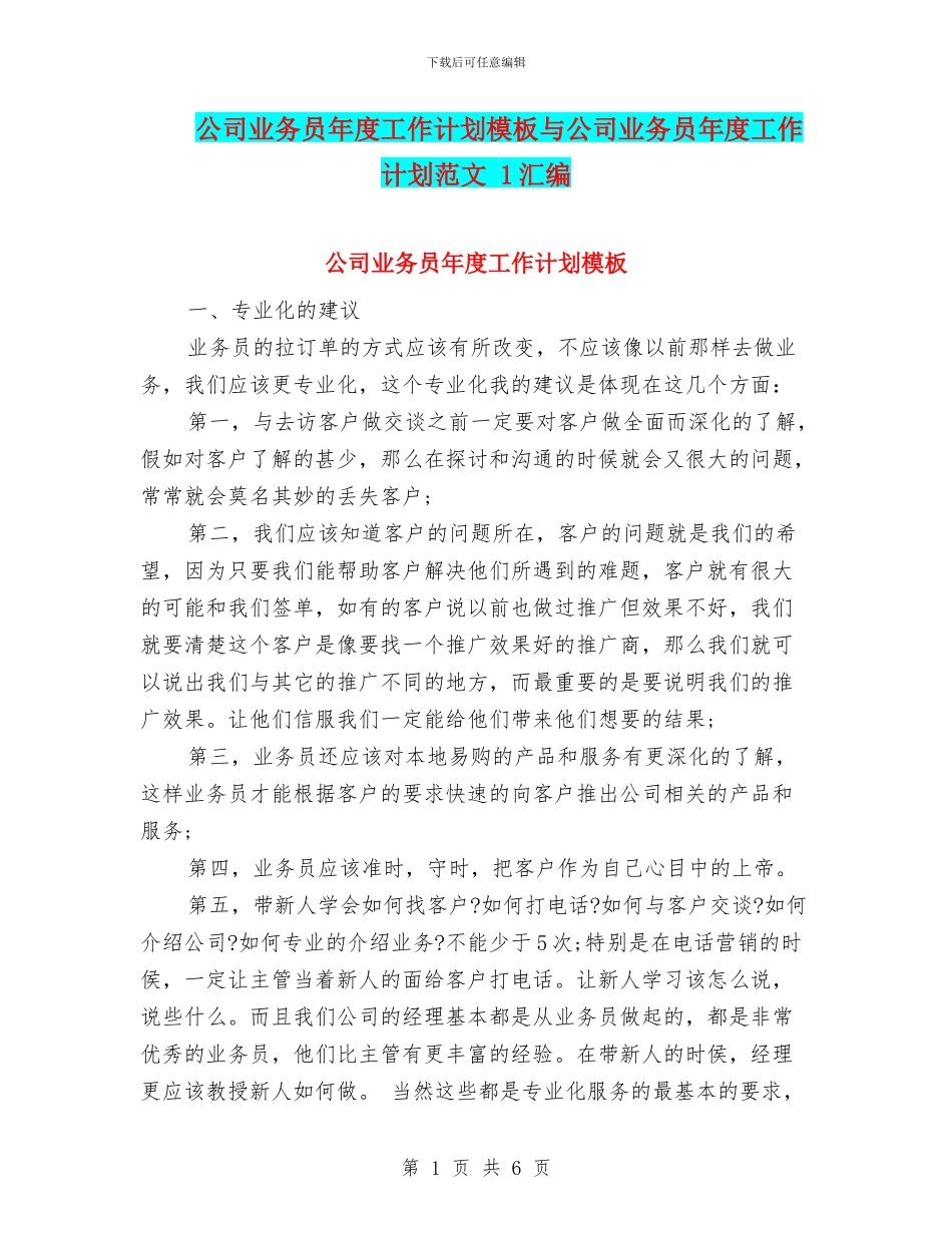 公司业务员年度工作计划模板与公司业务员年度工作计划范文_第1页