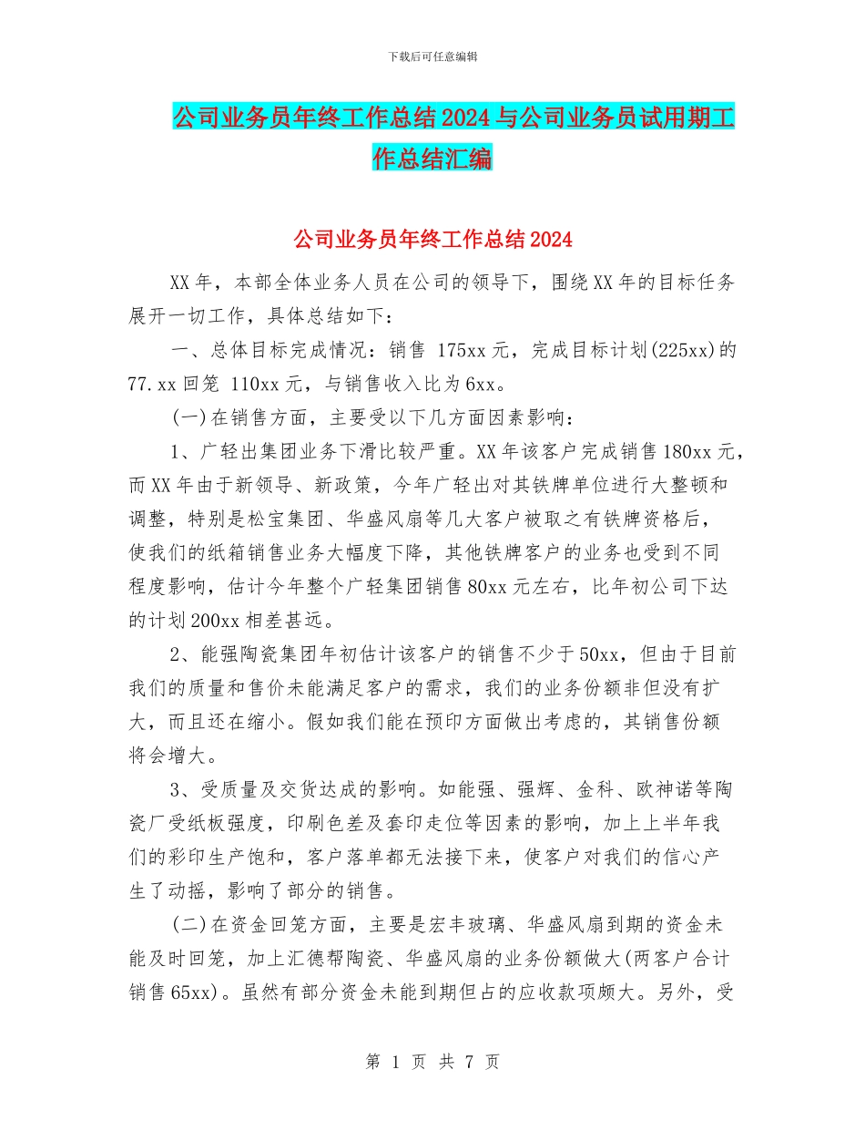公司业务员年终工作总结2024与公司业务员试用期工作总结汇编_第1页