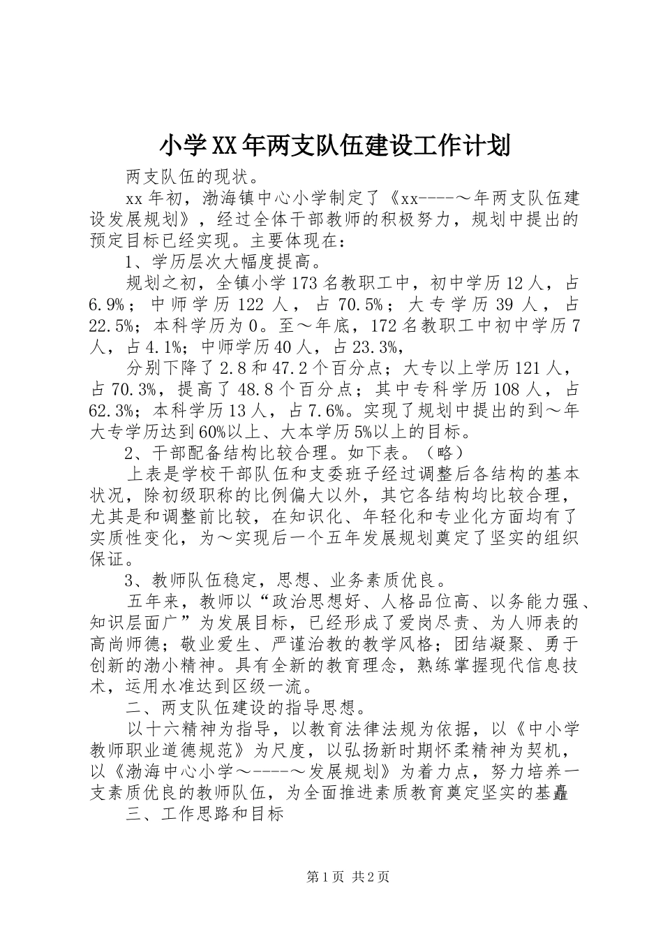 小学XX年两支队伍建设工作计划 _第1页