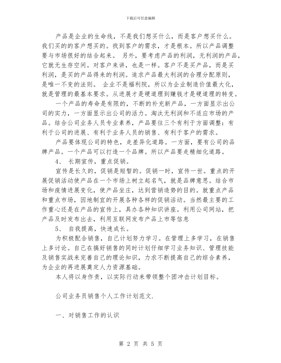 公司业务员销售个人工作计划范文_第2页