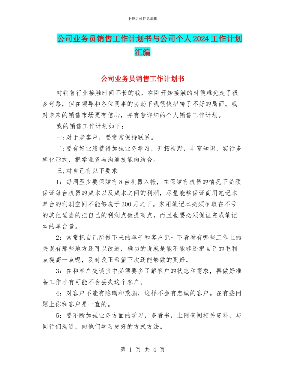 公司业务员销售工作计划书与公司个人2024工作计划汇编_第1页