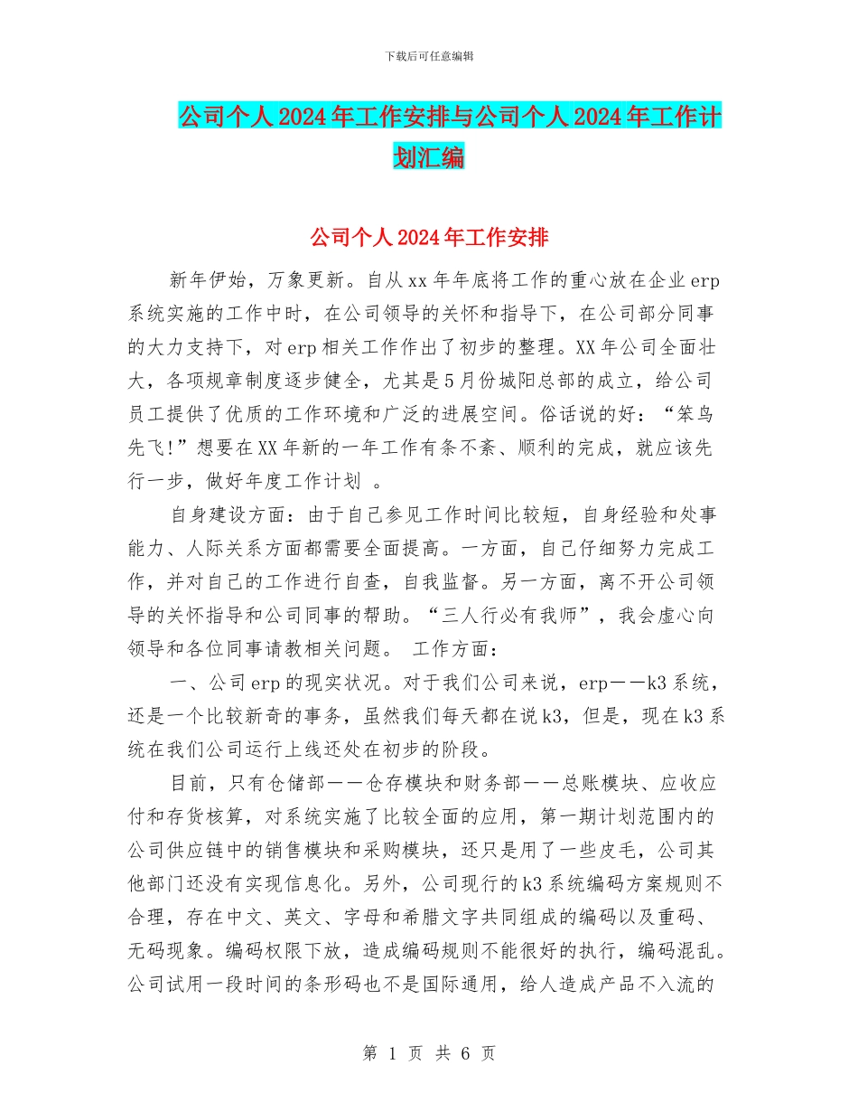 公司个人2024年工作安排与公司个人2024年工作计划汇编_第1页