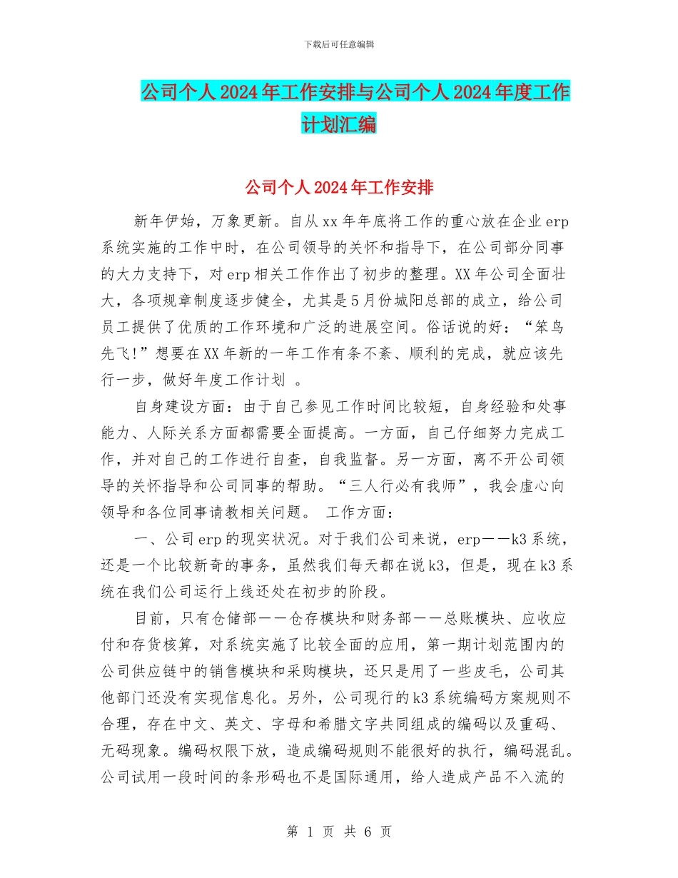 公司个人2024年工作安排与公司个人2024年度工作计划汇编_第1页