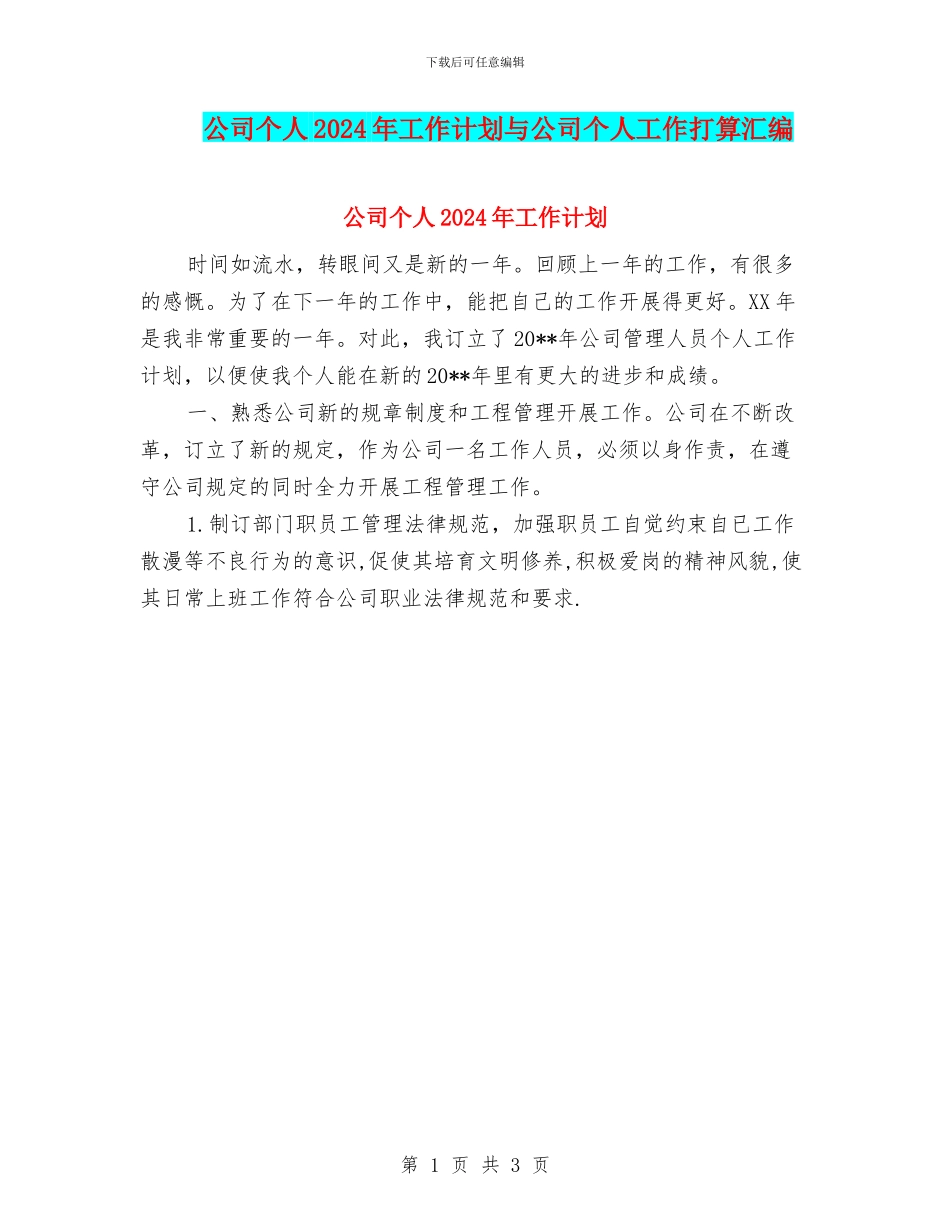 公司个人2024年工作计划与公司个人工作打算汇编_第1页