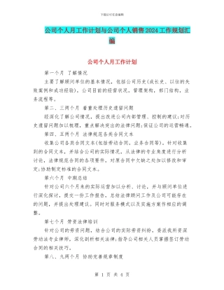 公司个人月工作计划与公司个人销售2024工作规划汇编