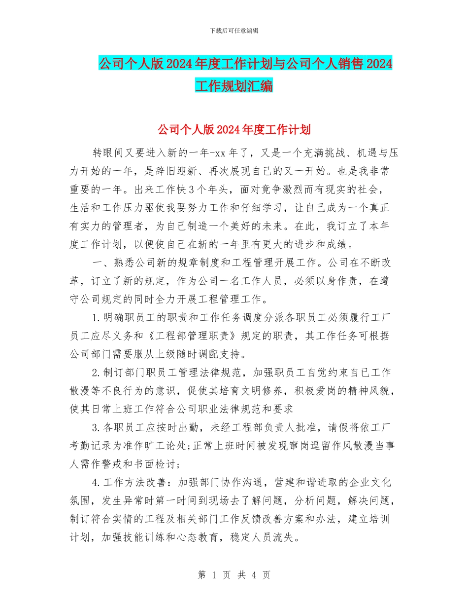 公司个人版2024年度工作计划与公司个人销售2024工作规划汇编_第1页