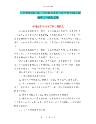 公司主管2024年工作计划范文与公司主管2024年度销售工作规划汇编