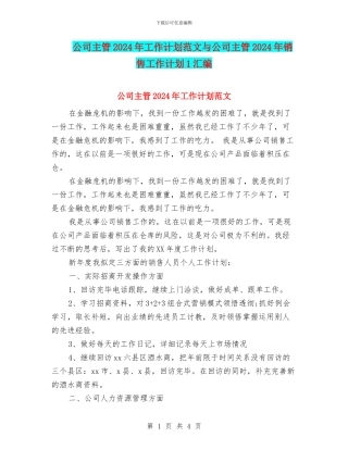 公司主管2024年工作计划范文与公司主管2024年销售工作计划1汇编