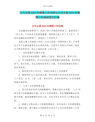 公司主管2024年销售工作安排与公司主管2024年销售工作规划范文汇编
