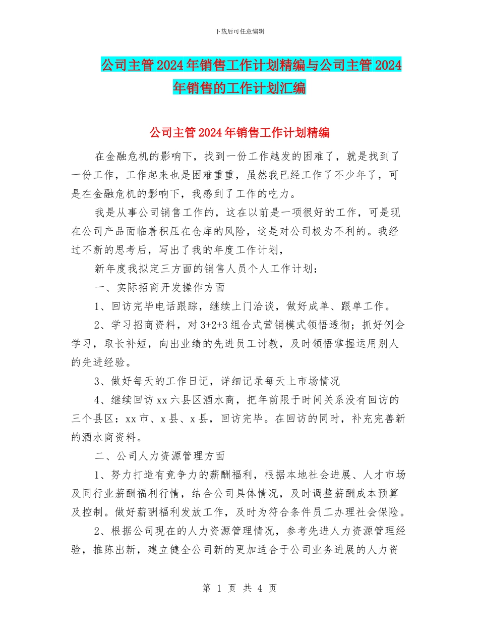 公司主管2024年销售工作计划精编与公司主管2024年销售的工作计划汇编_第1页