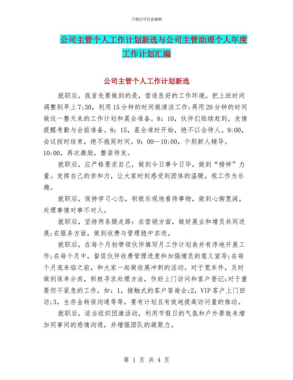 公司主管个人工作计划新选与公司主管助理个人年度工作计划汇编_第1页