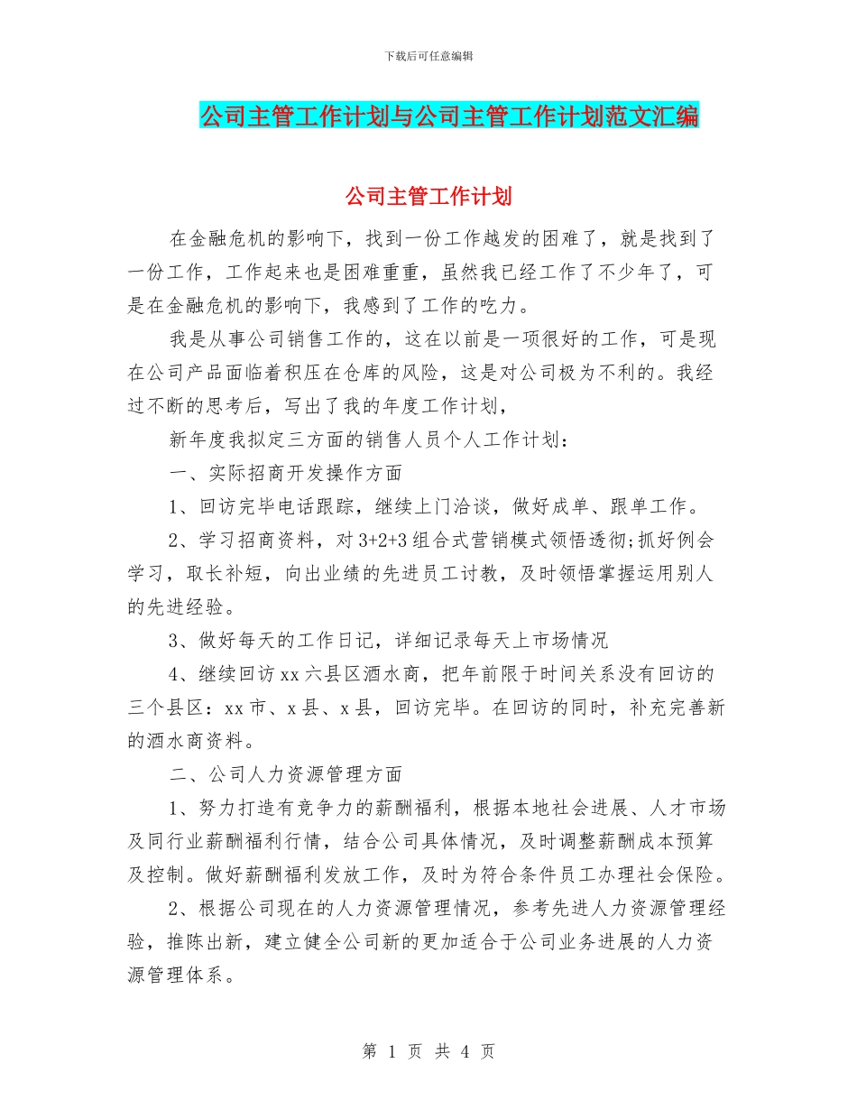 公司主管工作计划与公司主管工作计划范文汇编_第1页