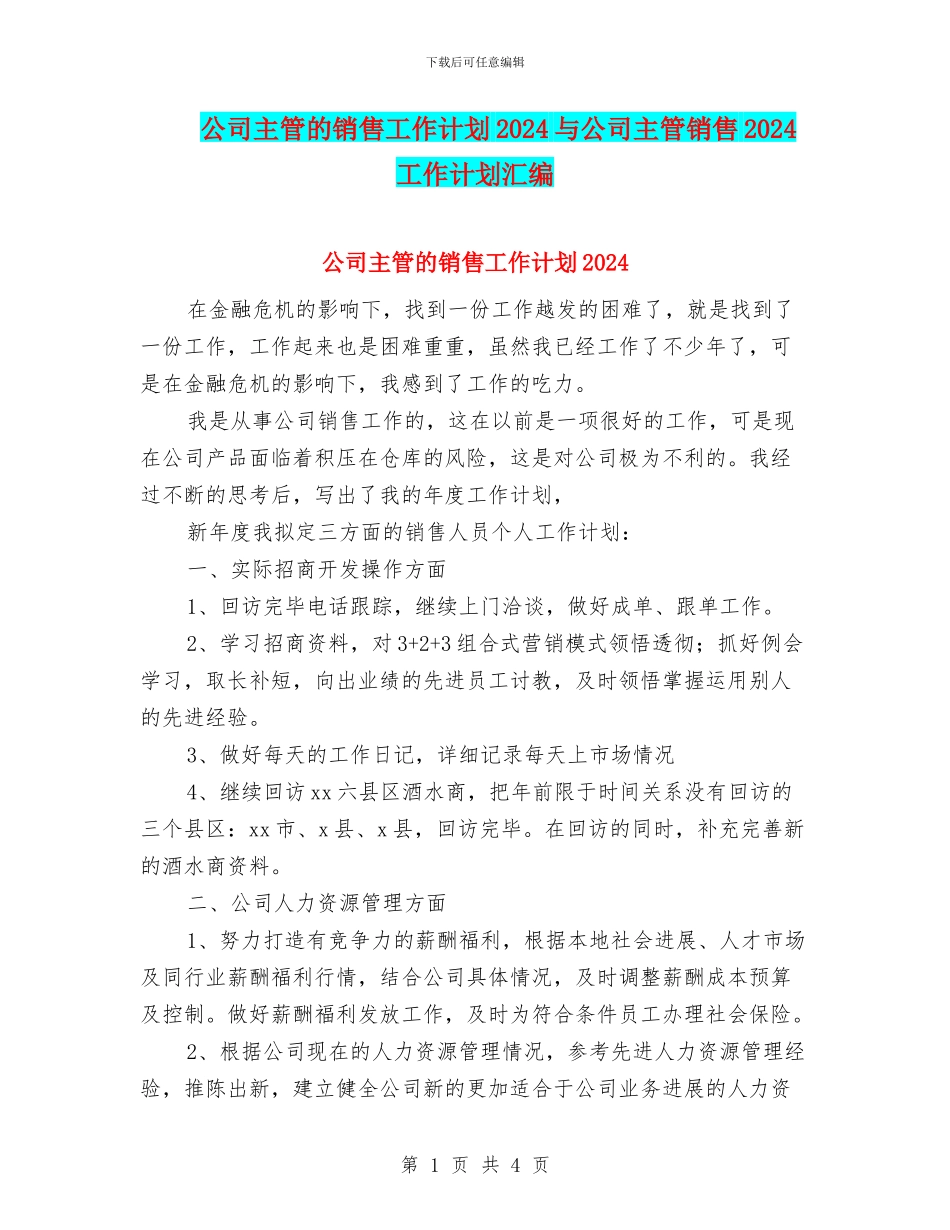 公司主管的销售工作计划2024与公司主管销售2024工作计划汇编_第1页