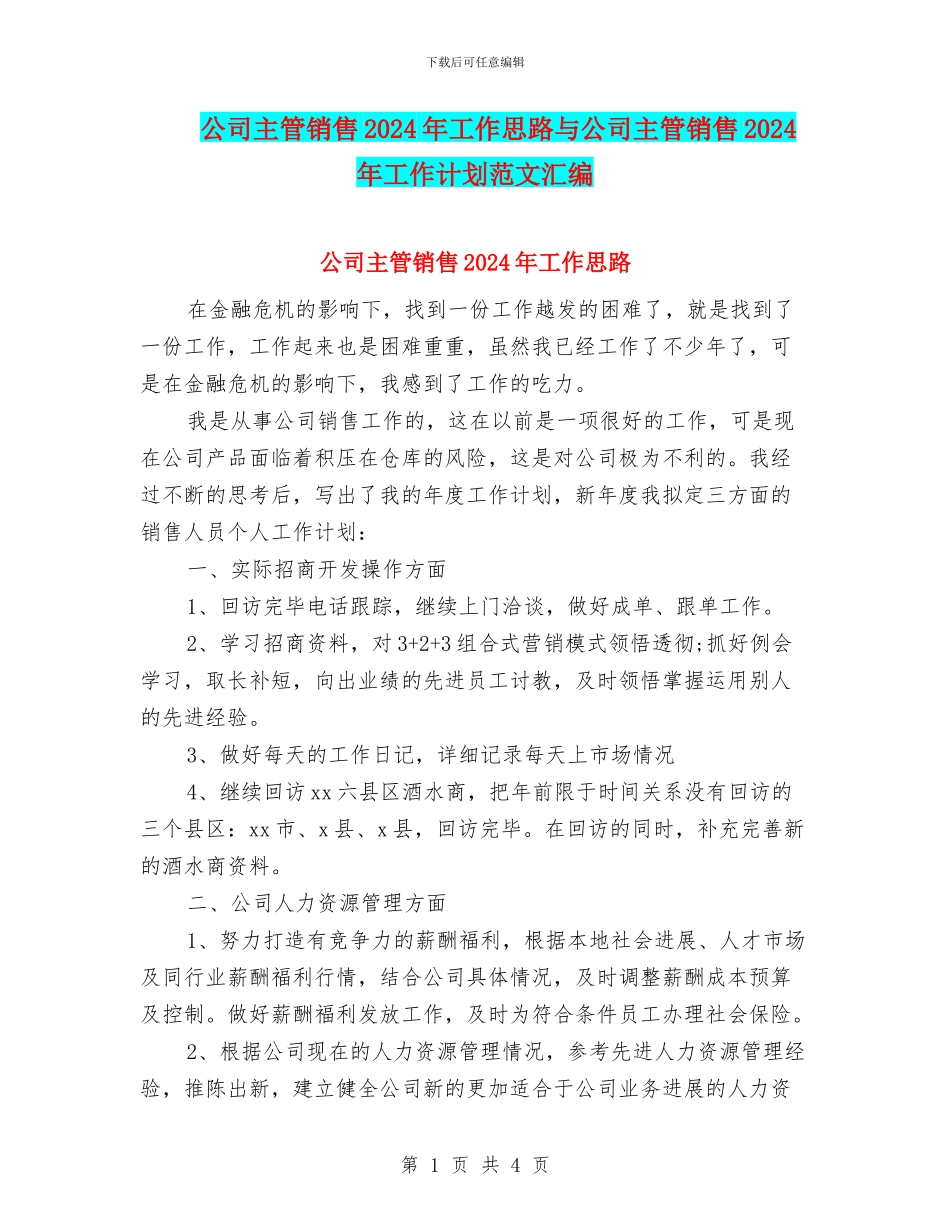 公司主管销售2024年工作思路与公司主管销售2024年工作计划范文汇编_第1页