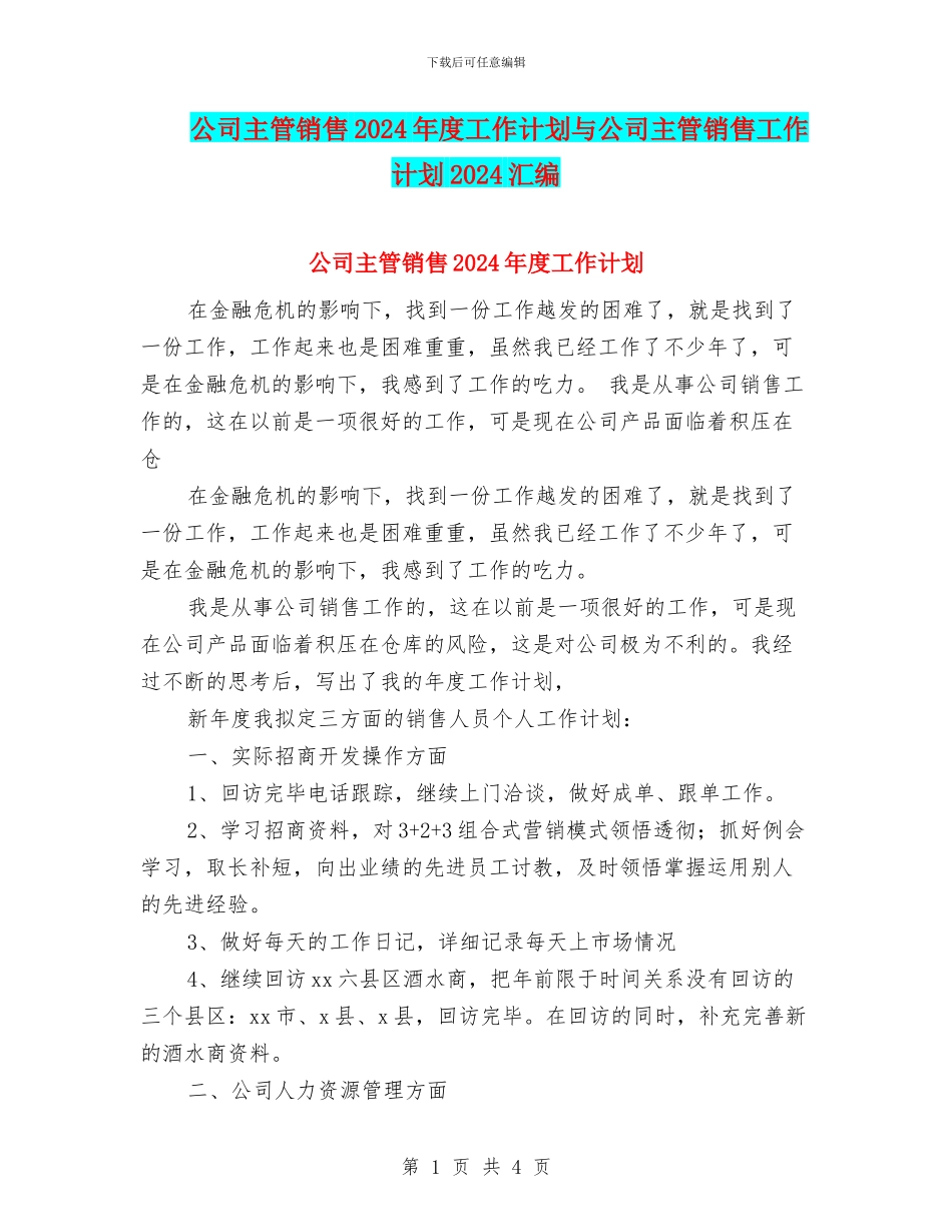 公司主管销售2024年度工作计划与公司主管销售工作计划2024汇编_第1页