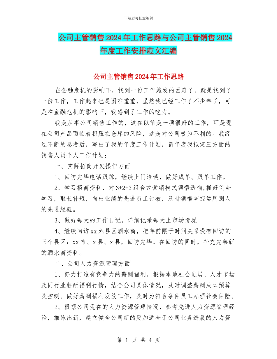 公司主管销售2024年工作思路与公司主管销售2024年度工作安排范文汇编_第1页