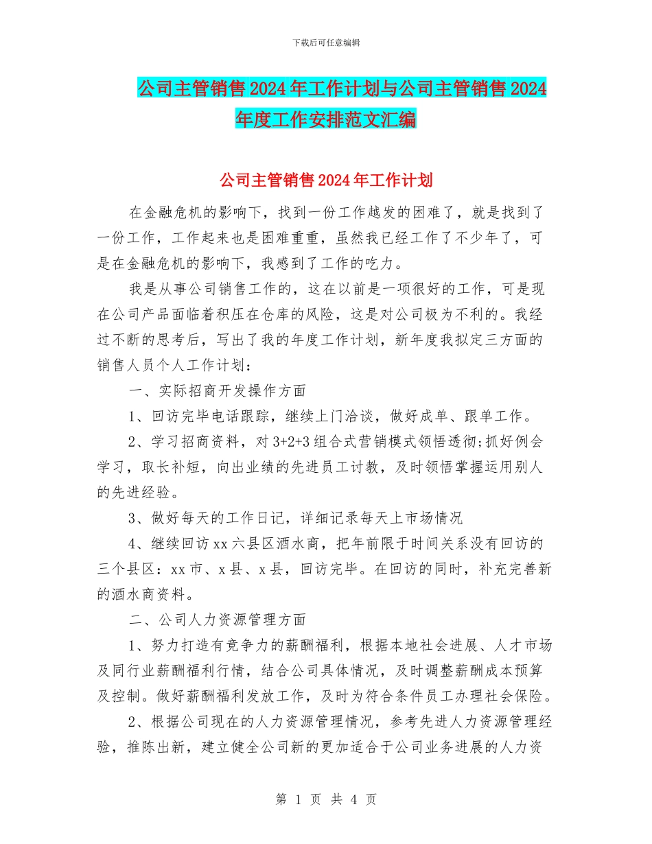 公司主管销售2024年工作计划与公司主管销售2024年度工作安排范文汇编_第1页