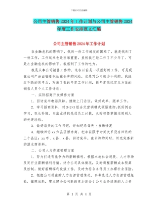 公司主管销售2024年工作计划与公司主管销售2024年度工作安排范文汇编