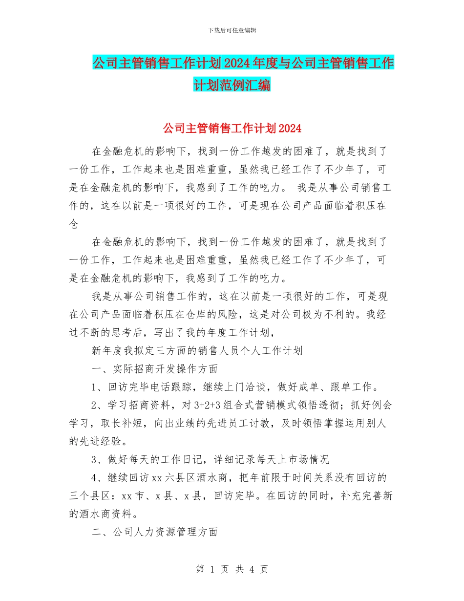 公司主管销售工作计划2024年度与公司主管销售工作计划范例汇编_第1页