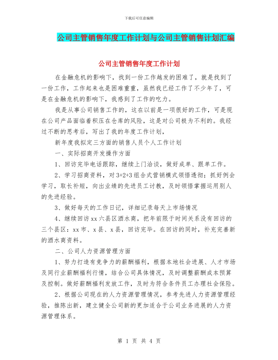 公司主管销售年度工作计划与公司主管销售计划汇编_第1页