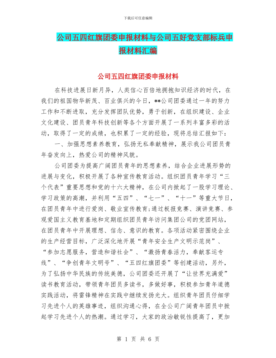 公司五四红旗团委申报材料与公司五好党支部标兵申报材料汇编_第1页