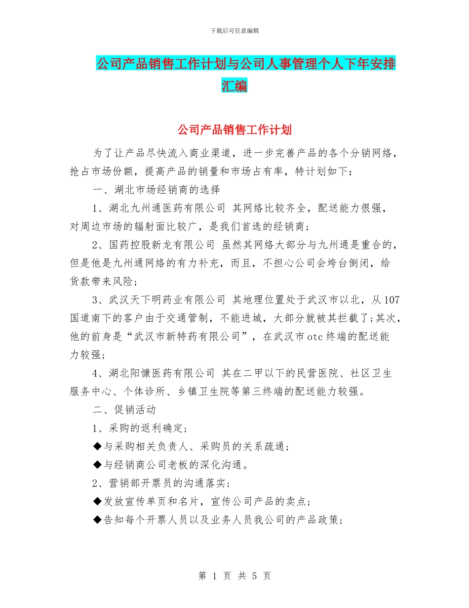 公司产品销售工作计划与公司人事管理个人下年安排汇编_第1页