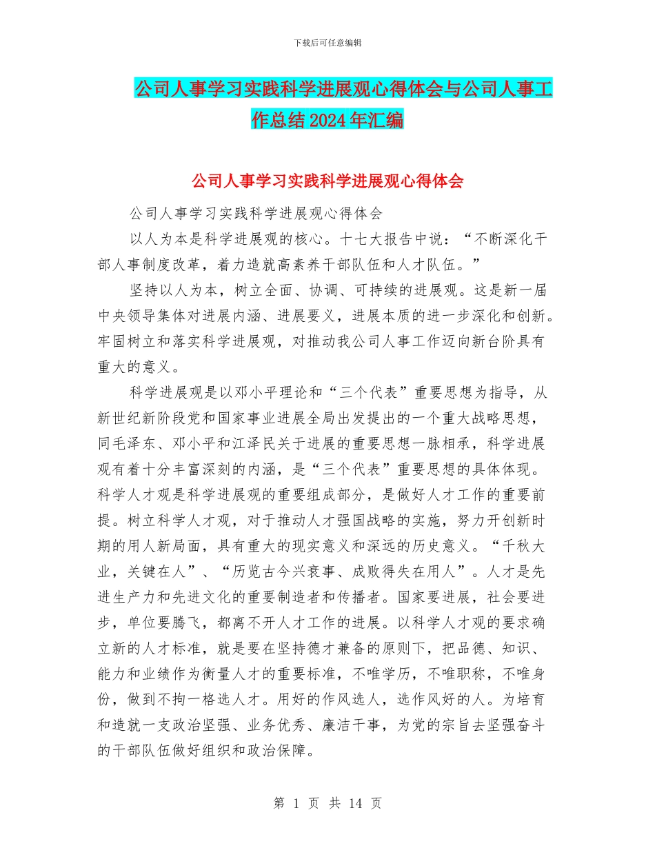 公司人事学习实践科学发展观心得体会与公司人事工作总结2024年汇编_第1页