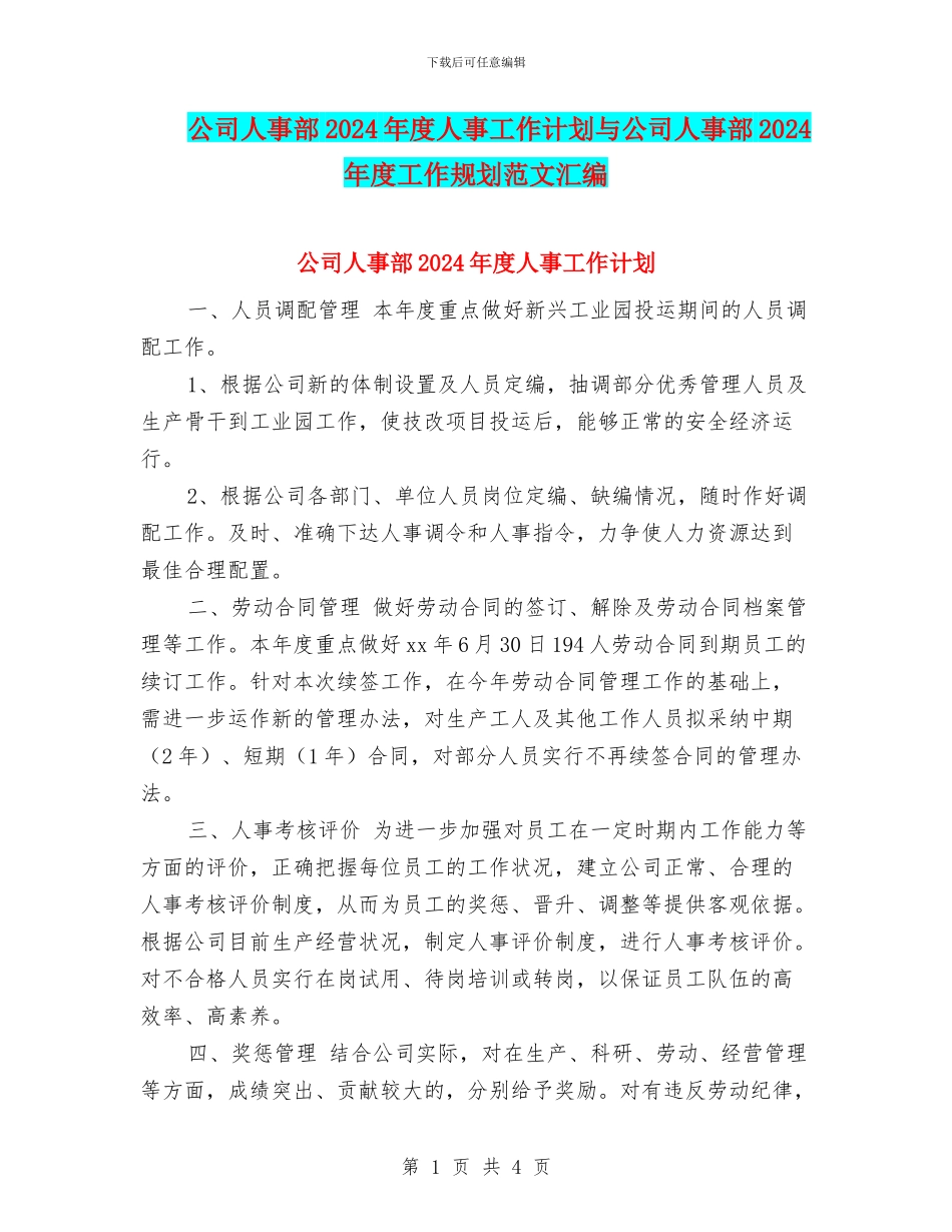 公司人事部2024年度人事工作计划与公司人事部2024年度工作规划范文汇编_第1页