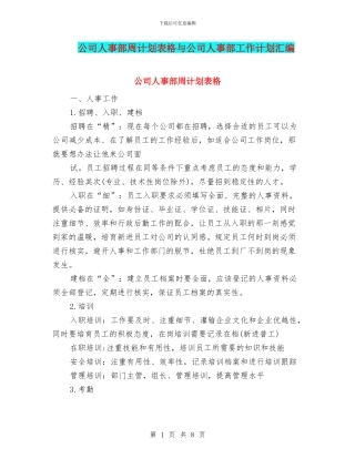 公司人事部周计划表格与公司人事部工作计划汇编