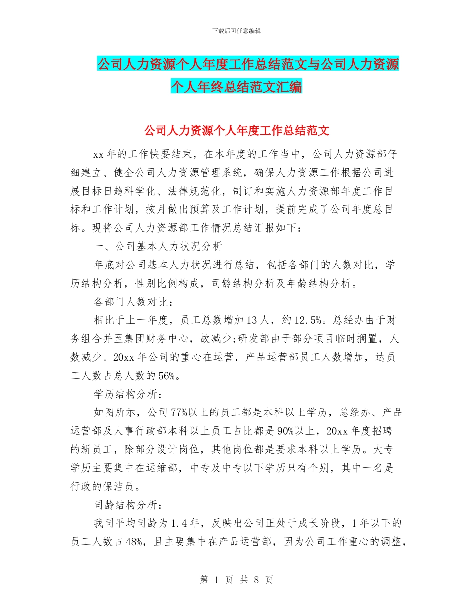 公司人力资源个人年度工作总结范文与公司人力资源个人年终总结范文汇编_第1页