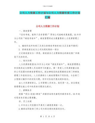 公司人力资源工作计划与公司人力资源年度工作计划汇编