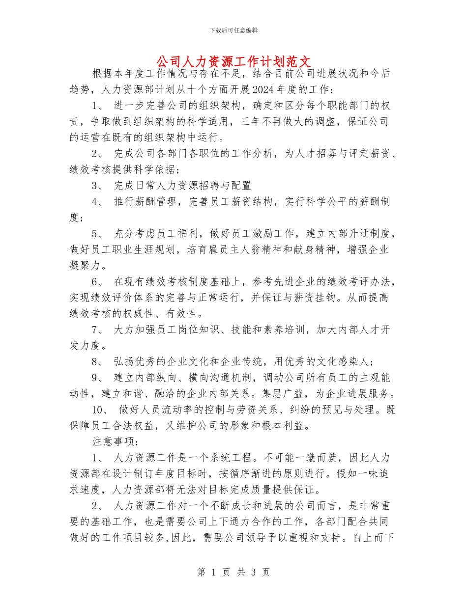 公司人力资源工作计划范文_第1页