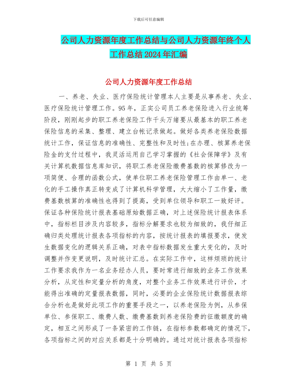 公司人力资源年度工作总结与公司人力资源年终个人工作总结2024年汇编_第1页