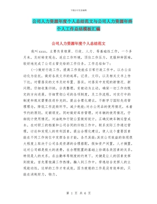 公司人力资源年度个人总结范文与公司人力资源年终个人工作总结模板汇编